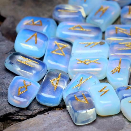 Crocon Opalite Gemstone Rune Stones Set with Elder Futhark Alphabet Engraved Symbol for Chakra Balancing Runes with Pouch :- 20-25 mm App.
