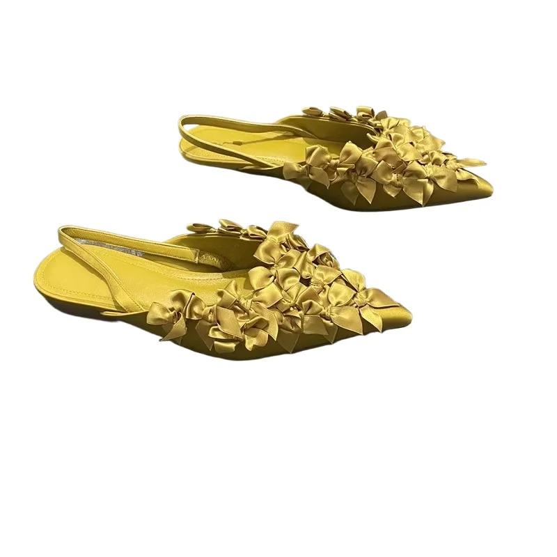 Summer New Women's Shoes Fashionable Baotou Solid Color Women's Sandals One-line Buckle with Bow Decoration Women's Flat Shoes