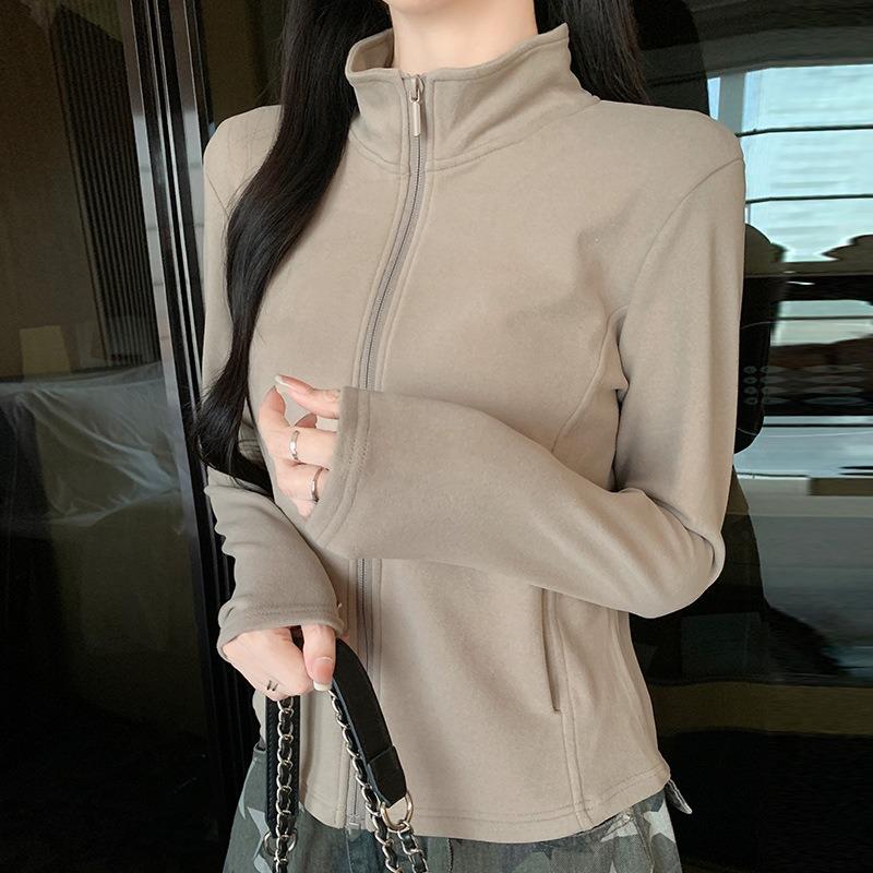 Women S Stand Collar Zip Up Thick Slim Fit Long Sleeve Jacket With Pockets