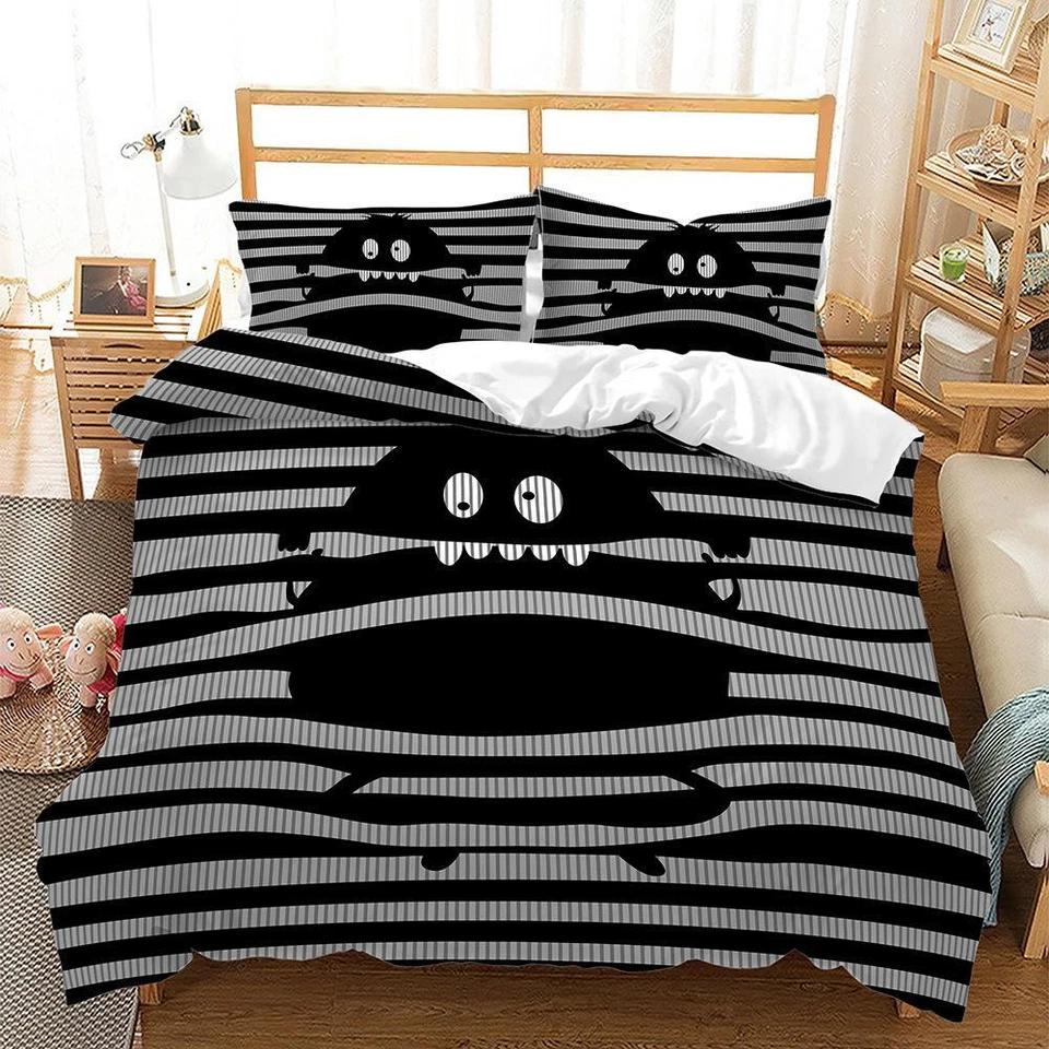 Black and white striped monster print bedding set gift, quirky cartoon style duvet cover and pillowcases, suitable for single/double/king/king beds. Baby 100x135cm