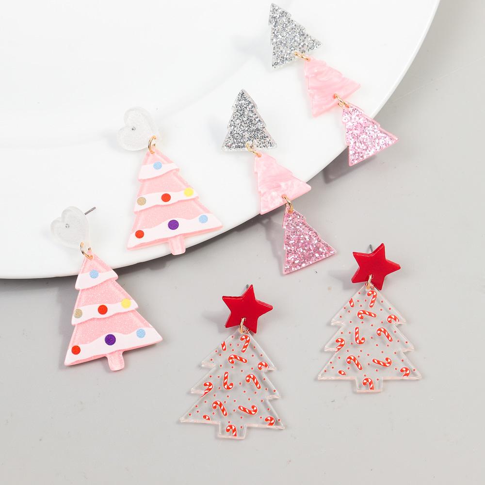 New Glitter Pink Christmas Tree Acrylic Earrings for Women Girls Cute Sweet 3-Tree Long Dangle Earring Party Jewelry Gifts