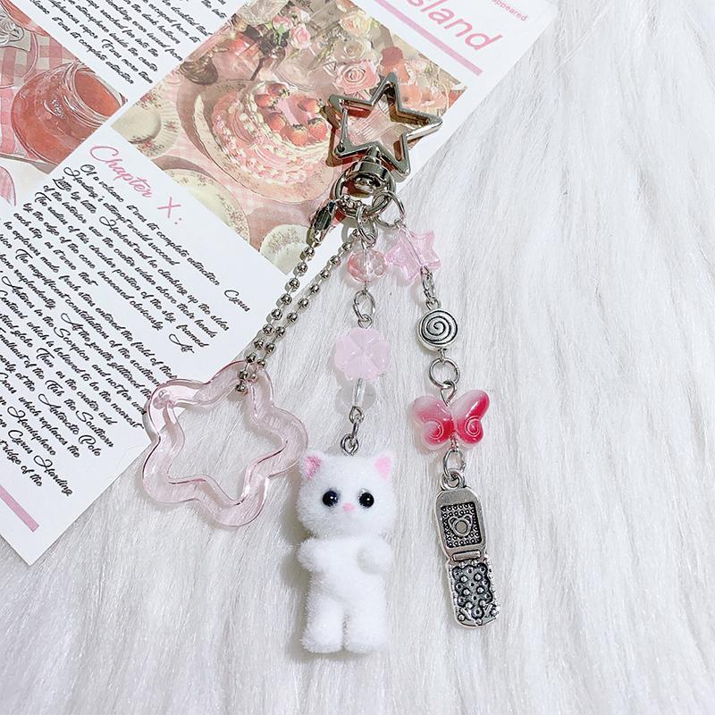 Creative Cute Flocked Kitten Strawberry Pendant Keychain Sweet Animal Keyring Backpack Decoration Accessories Best Friend Gifts