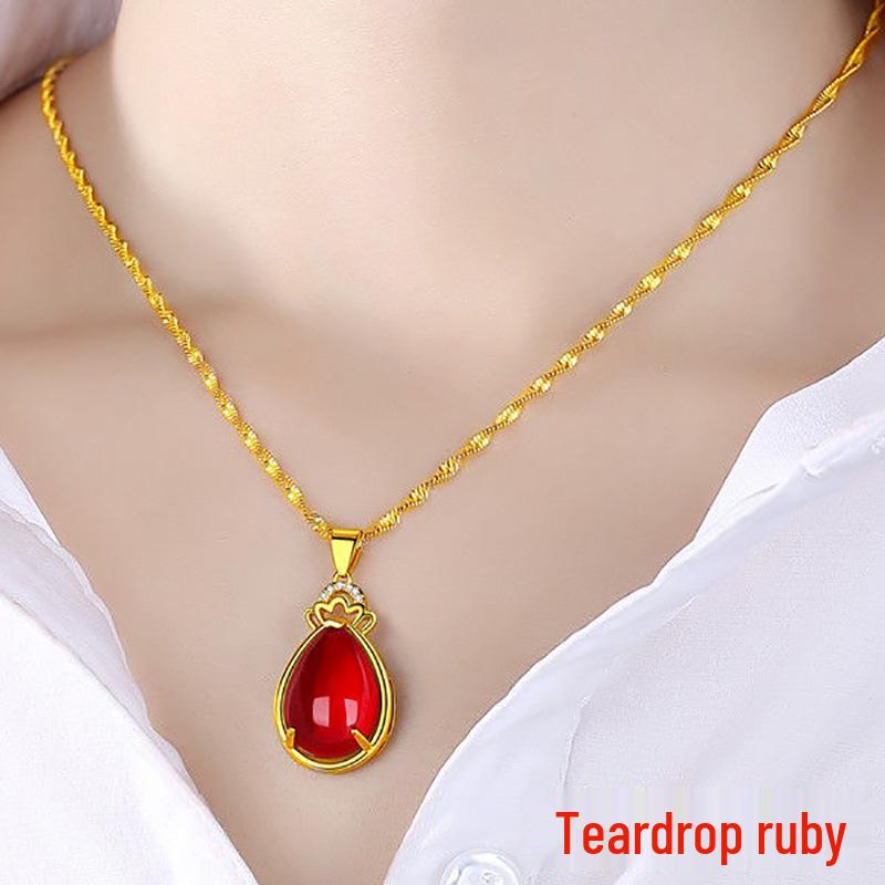 Gold-Plated Double Water Wave Necklace with Ruby & Emerald Pendant