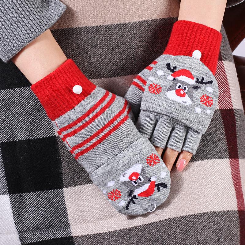 Christmas Women Gloves Winter Half Finger Flip Lady Cute Youth Warm Knitting Wool Students Writing Game Fingerless Mittens