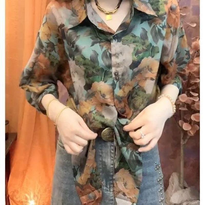 Fashionable Retro Printed Chiffon Blouses 2024 Summer New Women's Polo Neck Button Loose Simple Commute 3/4 Sleeve Shirts Tops