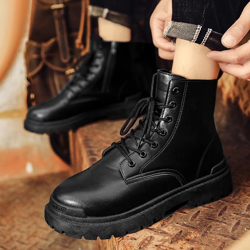 Autumn Winter Black Men's Bikers Boots British Style Leather Ankle Boots For Man Fashion Casual High Top Motorcycle Boots Men