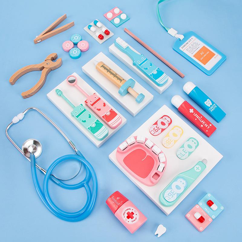 Wooden Children's Simulation Boxed Medical Kit, Playing House Nurse Injection Stethoscope Role-playing Doctor Toy
