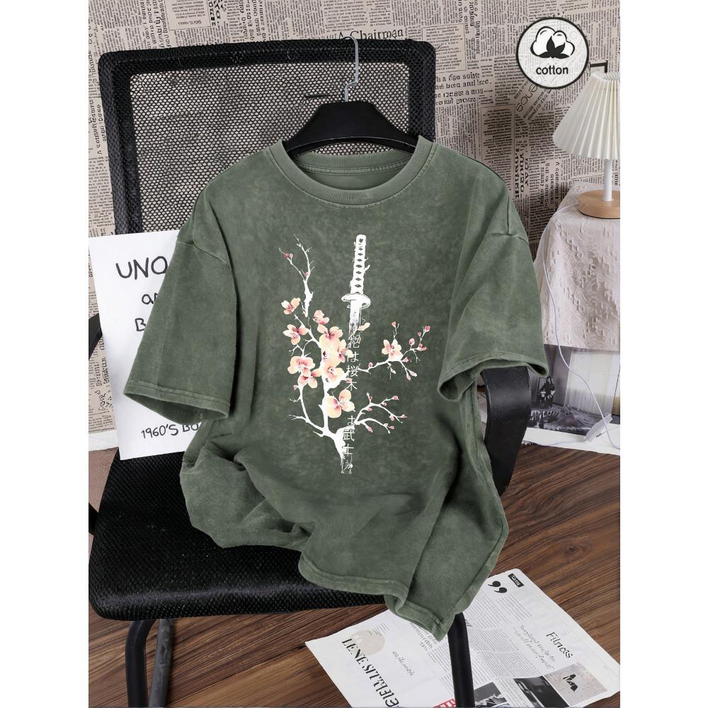 Japanese Cherry Blossom Sword Design Washed T Shirt Women Cotton Summer T-Shirt Casual Y2K Loose Short Sleeves Tops