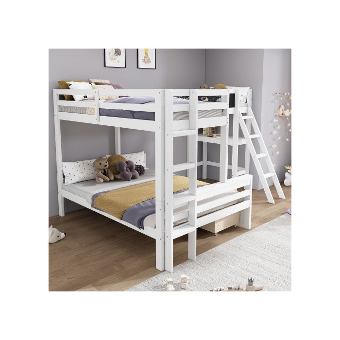 Lit superposé - MUVOE - 140x200 cm et 90x200 cm - Bureau intégré - Tiroirs de rangement - Sécurité renforcée