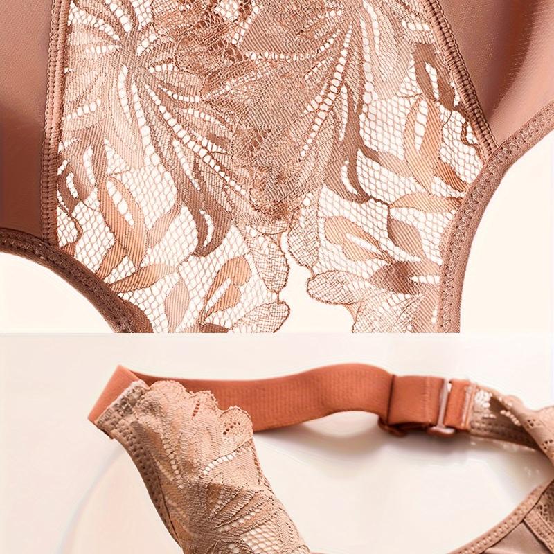 Contrast Lace Wireless Bra, Comfy & Breathable Front Buckle Push Up Bra, Women's Lingerie & Underwear