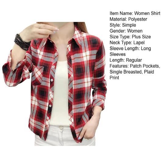 Camisa de mujer con solapa, manga larga, botonadura sencilla, bolsillos de parche, estampado a cuadros, estilo informal, abrigo