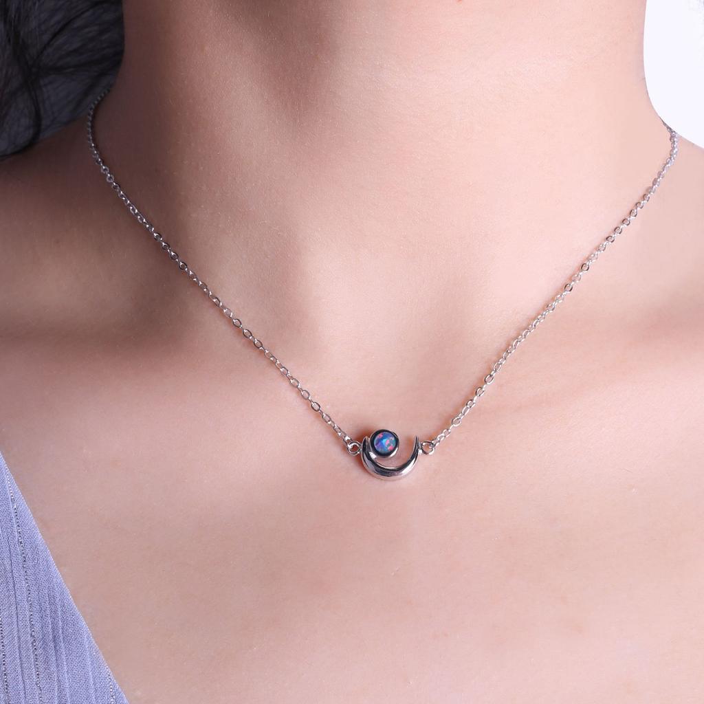 KELITCH Women's Choker Necklace with Synthetic Opal & Moon Oval Pendant (16-18 Inch) Chain (Color)