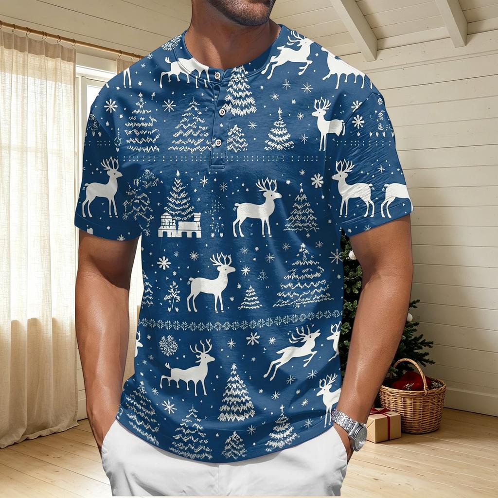 Men's Quick-Dry Neck Short Sleeve T-Shirt with Christmas Print