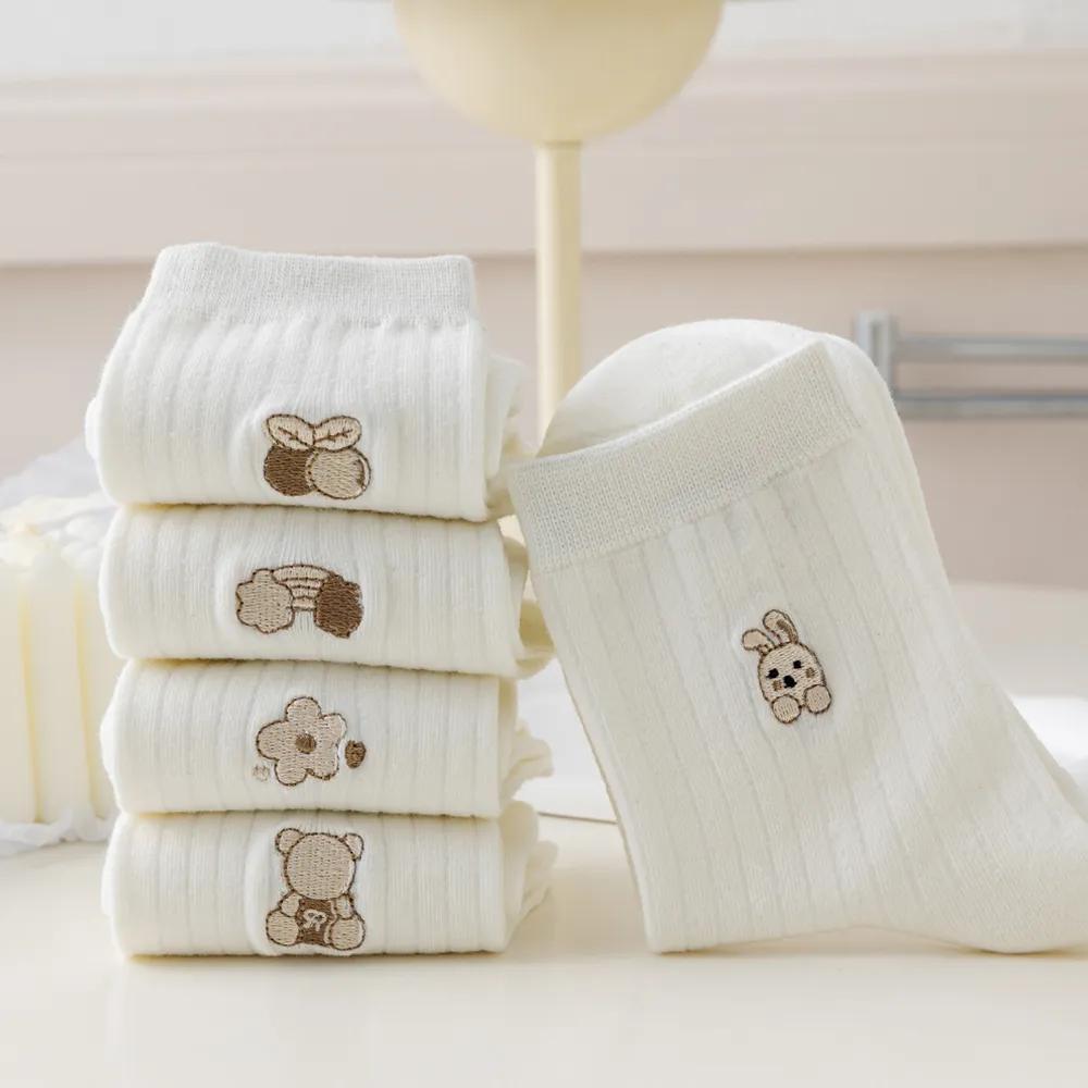 5/10 Pairs Women Round Neck Socks High Quality Autumn Winter Cute Cartoon Breathable Fashion Socks Women Soft Medium Tube Aocks