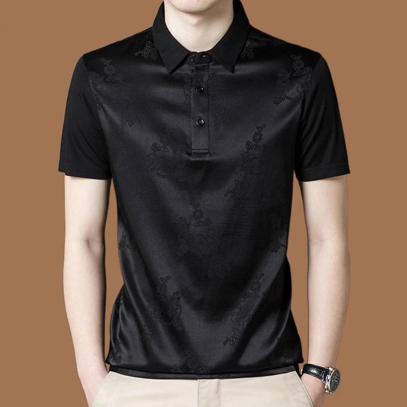 

Высококлассная мужская летняя футболка с отложным воротником и короткими рукавами, с цветочным узором в стиле «темный паттерн», модная, в деловом повседневном стиле, приталенного кроя, трендовая мужская черная 4XL чёрный