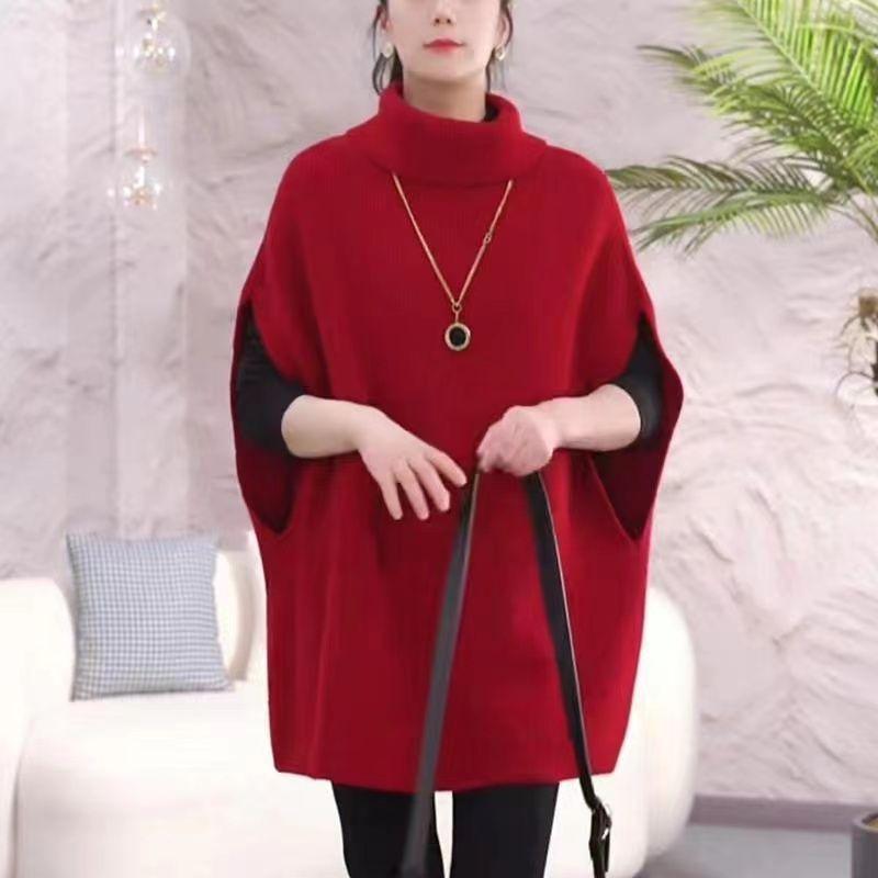 Women's Turtleneck Knitted Vest Fall and Winter Long Pullover Knitted Vest Loose Sleeveless Knitted Batshirt