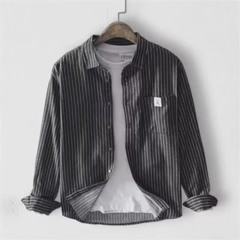Men's Long Sleeve Striped Plaid Shirt, Spring/Autumn Hong Kong Style, Youth Jacket.