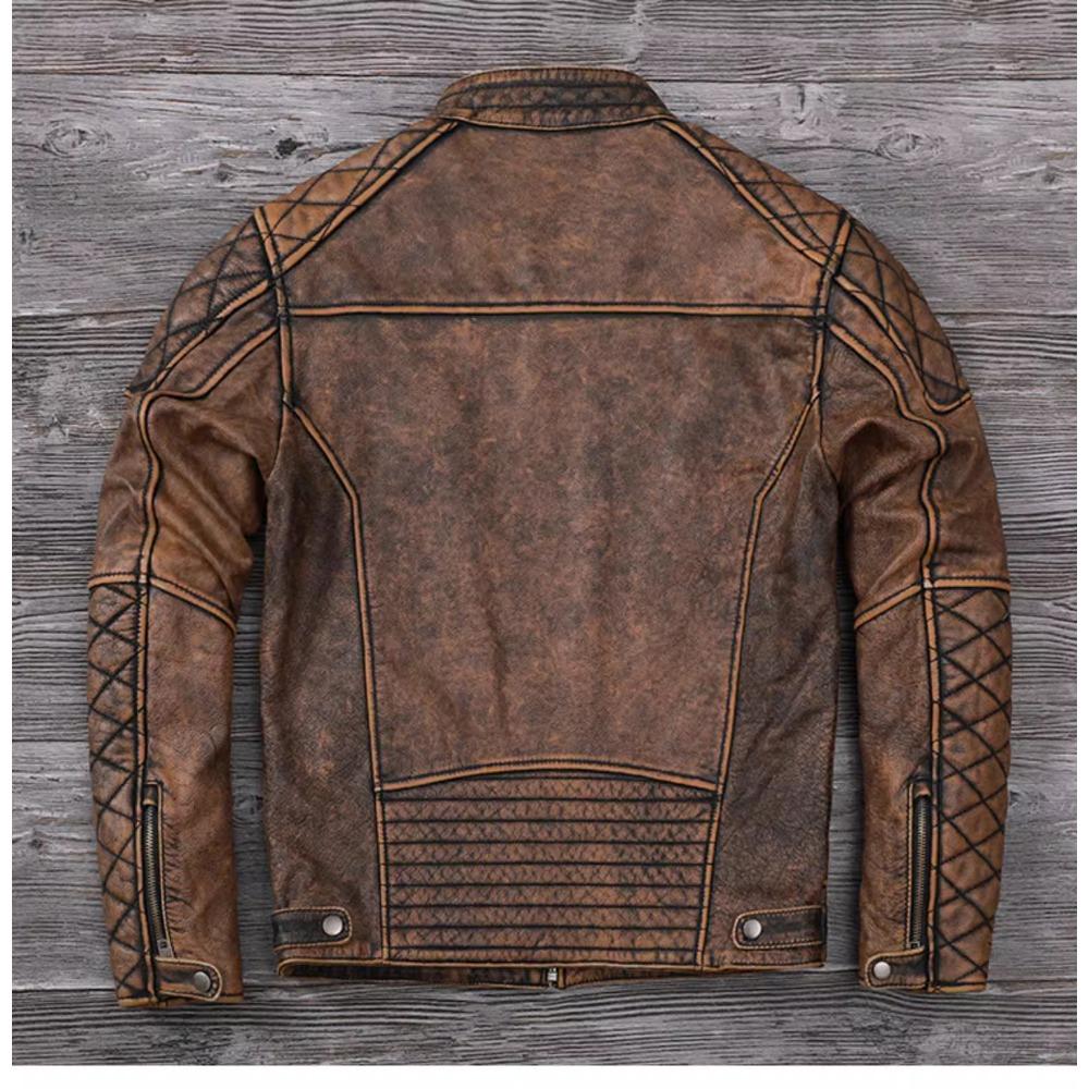 Çin Beden Vintage Erkek Kahverengi Deri Ceket Genine İnek Derisi Motosiklet Stili İnek Ceketleri Erkekler için Sonbahar