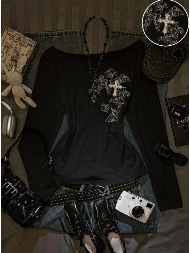 Neuer Europäischer & Amerikanischer Y2K Mode Schlank geschnittener Langarm Damen Pullover T-Shirt