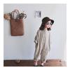 Korean-Style Linen Jumpsuit for Kids - Long Sleeve, Solid Color, Buttoned, Unisex, Loose Fit