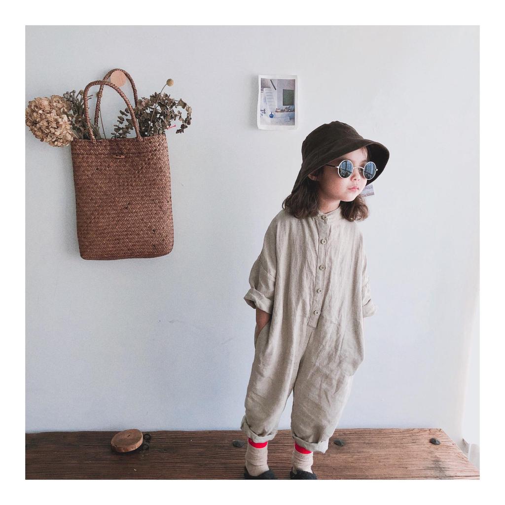 Korean-Style Linen Jumpsuit for Kids - Long Sleeve, Solid Color, Buttoned, Unisex, Loose Fit