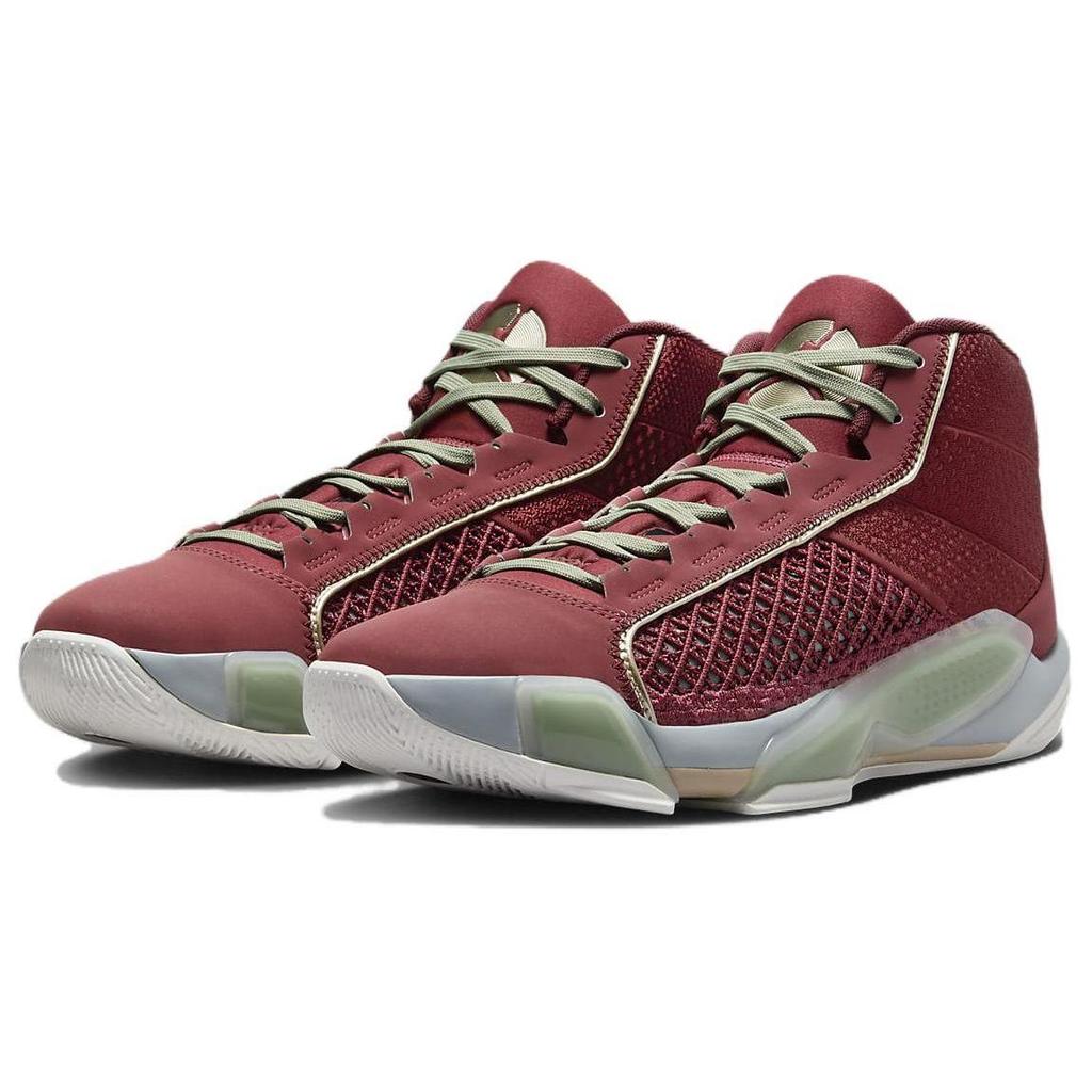 Air Jordan 38 CNY Zeder Metallisches Goldkorn Helles Bimsstein Segelöl Grün Dunkel Team Rot FQ8896-600