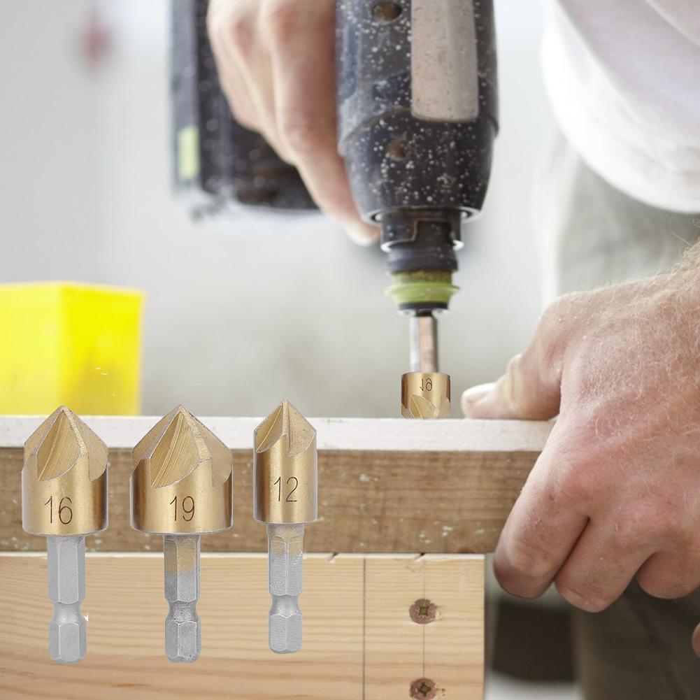 3 buc Freză teșitoare unealtă pentru prelucrarea lemnului oțel rapid aur tijă hexagonală 5 fluiere 90 de grade 12mm19mm