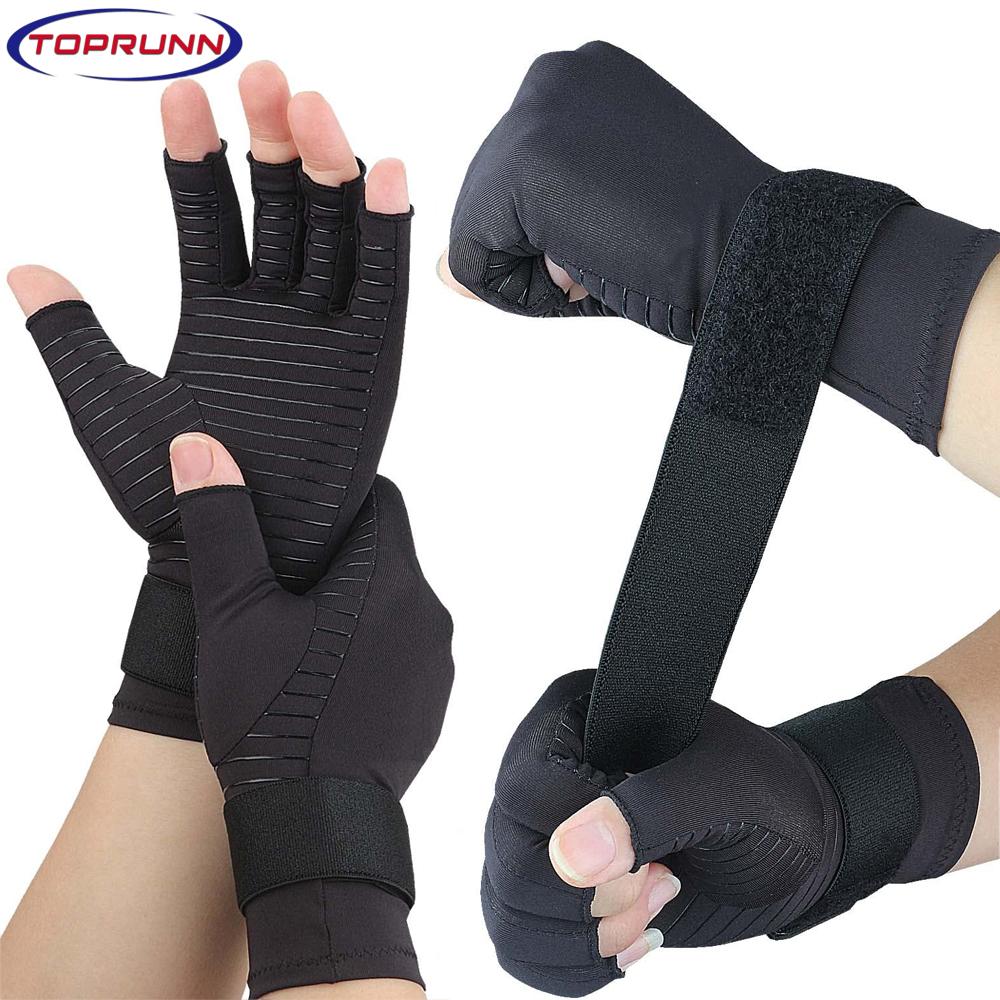 1Pair Copper Compression Arthritis Gloves Fingerless Hand Wrist Support For Carpal Tunnel Arthritis Tendonitis Relief