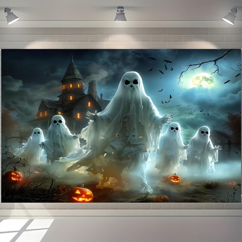 Halloween Ghost Forest and Gothic Castle Background Cloth - Horror White Ghost, Polyester, No Power Required