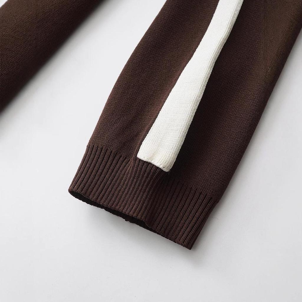 Women's Spring Coffee Stripe Pullover Sweater & Color Block Knit Pants Set