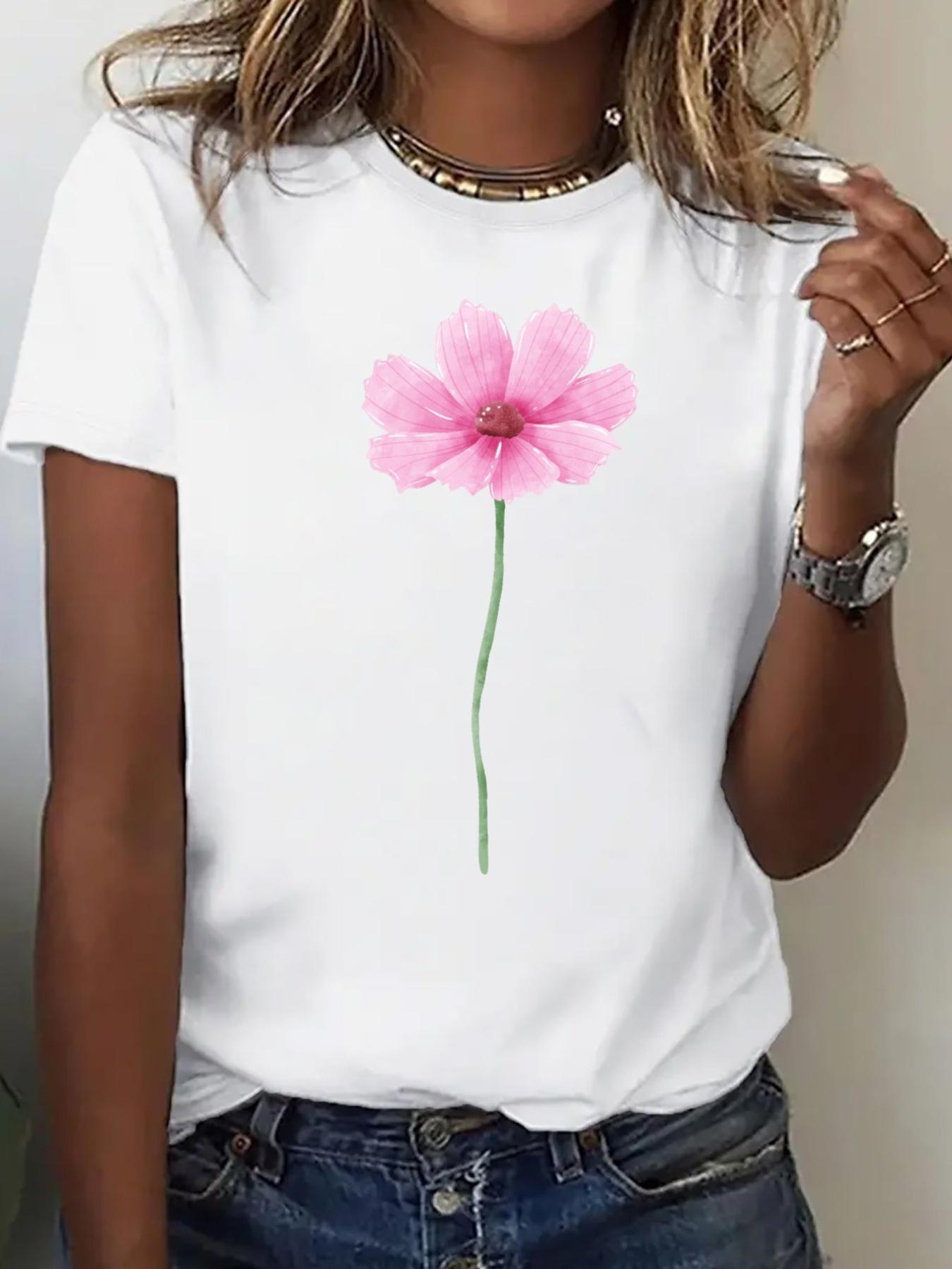 Womens VintageInspired Pink Floral Print TShirt with Green Stalk Design Harajuku Short Sleeve Casual Aesthetic Clothes S