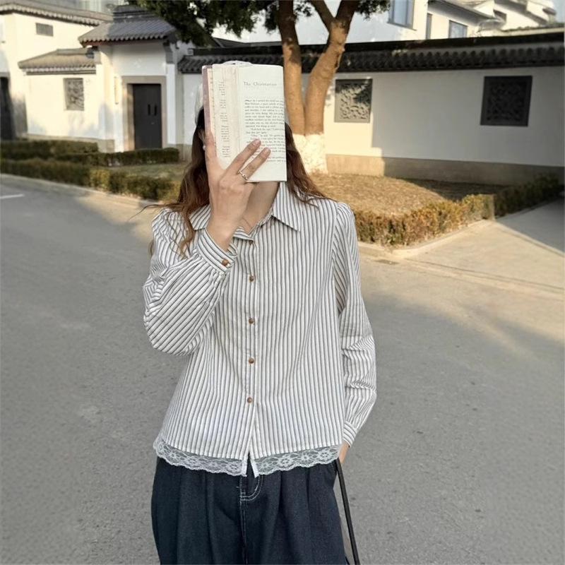 Bluză cu dungi și bordură din dantelă pentru femei, Primăvara 2025 - Stil coreean, Croială lejeră, High-End, Petite