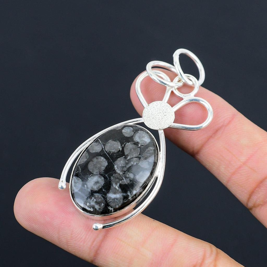 Sterling Silver Oval Root Chakra Black Fossil Coral Stone Sister Wedding Pendant