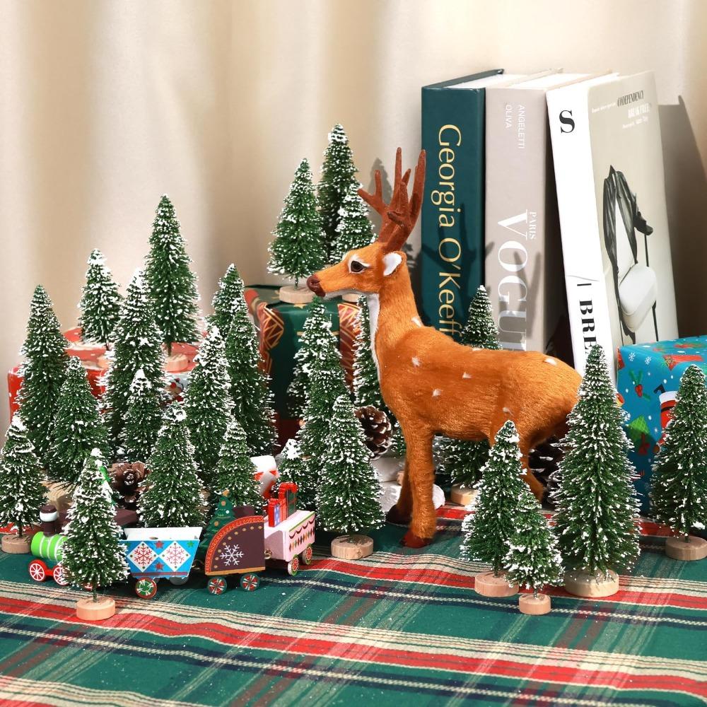 25pcs Mini Christmas Trees Artificial Christmas Tree Bottle Brush Trees with Wooden Base for Christmas Decor Party Home Table Craft Decorations