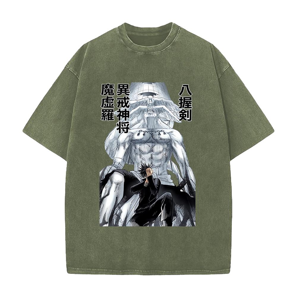 Anime Jujutsu Kaisen Fushiguro Megumi Makora Print T-shirt Men Women Tshirts Cotton Clothing Retro Washed T Shirt Harajuku Tops