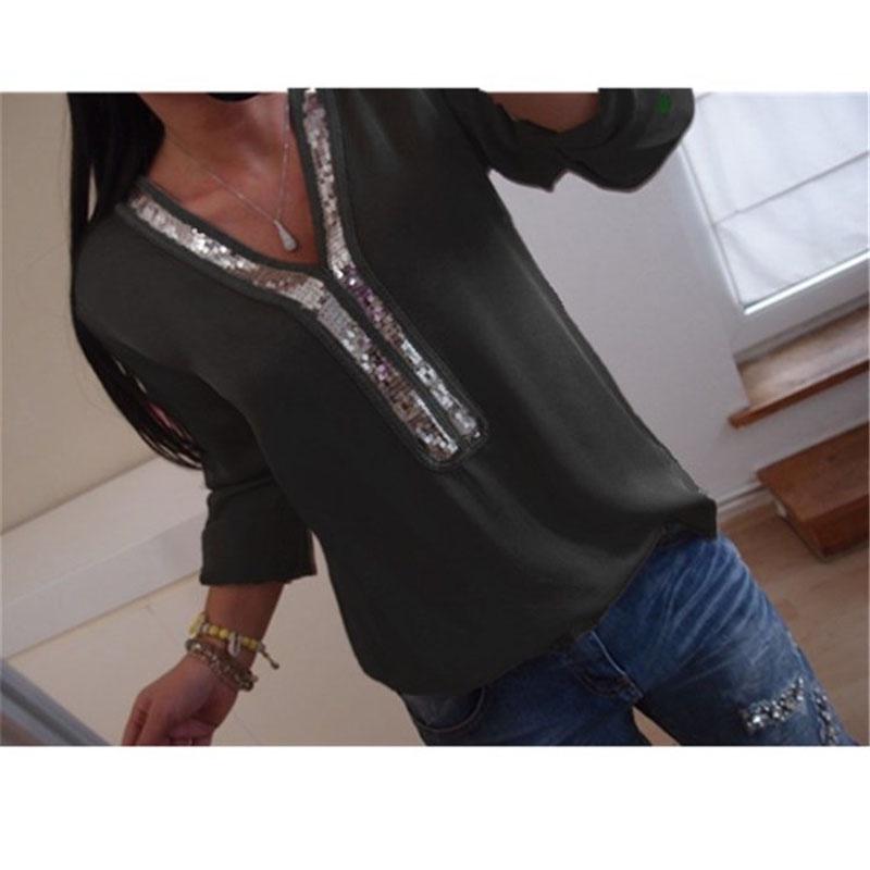 Elegant Womens Long Sleeve Sequins V-neck Tops Blouse With Casual Plus Size Fit