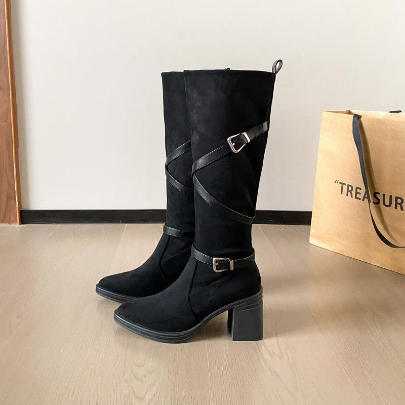 

Cowhide version retro pointed thick heel boots women s cross buckle high heel boots slim tall thick-soled knight boots 35