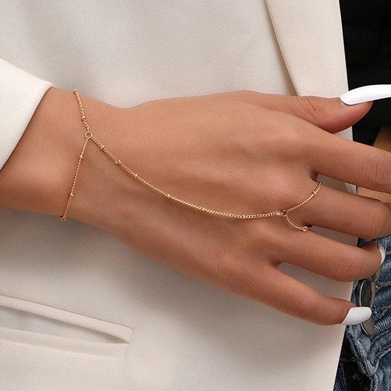 Fashion Metal Double Layer Cross Connected Finger Ring Bracelet for Women Simple Gold Color Bead Link Chain Hand Bangles Zircon