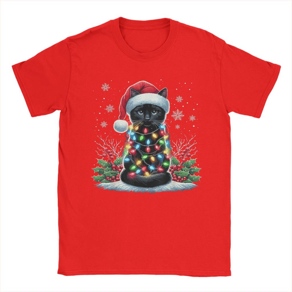 Black Cat Christmas Santa Hat Funny Meowy Cat T-Shirt Man Streetwear T-Shirts O Neck Tee Shirt Hot Sale Oversized Clothing