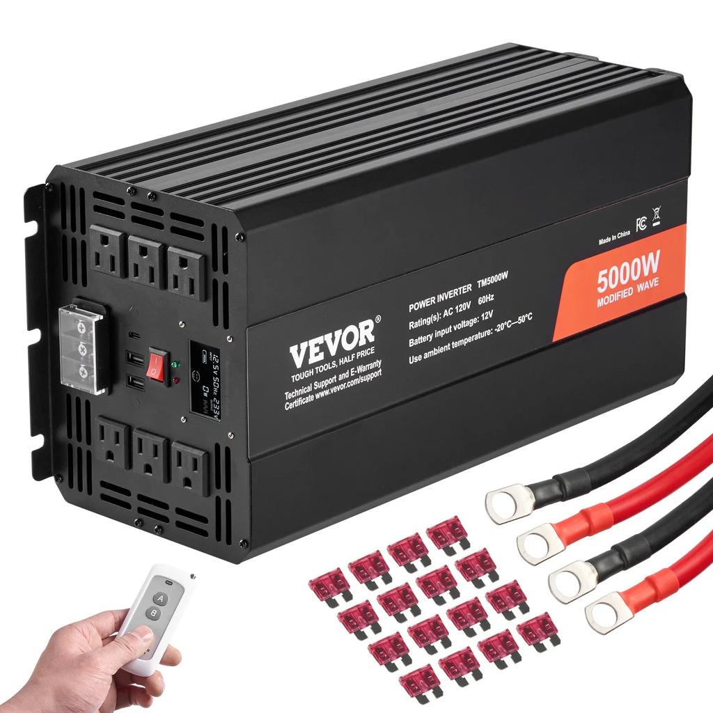 VEVOR Modified Sine Wave Inverter, 5000W, DC 12V to AC 230V Power Inverter with 2 AC Outlets 2 USB Port 1 Type-C Port