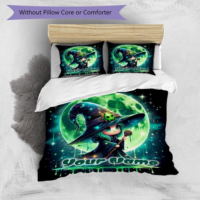 3PC Custom Name Witch Moon Night Magic Bedding Set Printed Bedding Set Duvet Cover Closure Includes 1 Duvet Cover & 2 Pillowcases for All Seasons Bedr