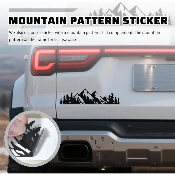 2PCS Car License Plates Frames With Raised Mountain Pattern & Mountain Car Decal,Stylish Cars Plates Frame With Screws & Caps,Decorative Cars