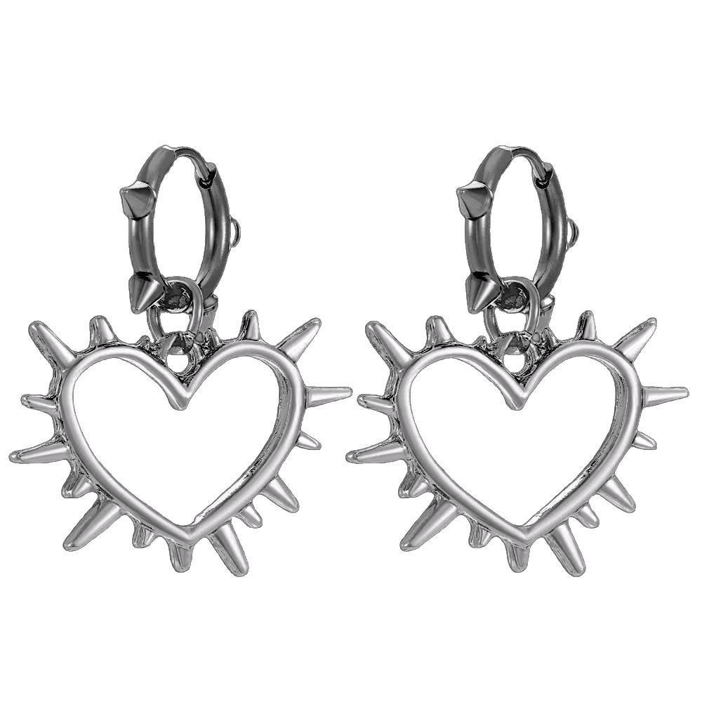 Personality Punk Sliver Color Hollowed-out Thorn Heart Shape Pendant Hoop Earrings for Women Stainless Steel Jewelry Accessories