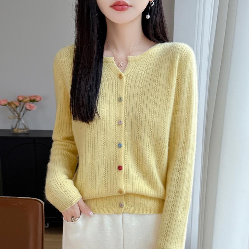 Women's Plus Size Hollow Knit Wool Cardigan - Long Sleeve, Round Neck Sweater Coat