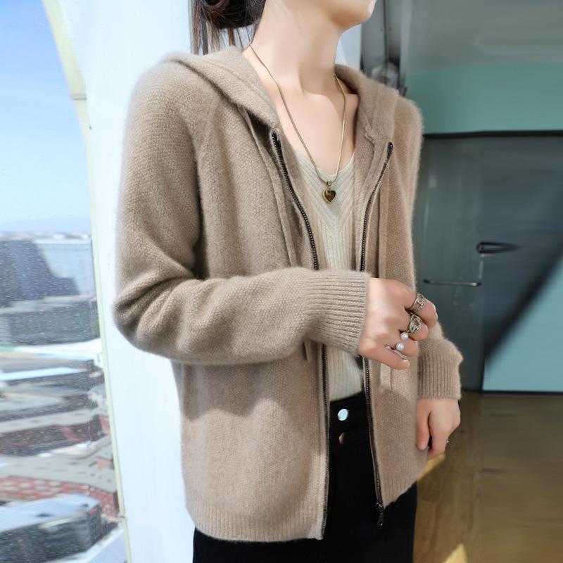 Wool Knitted Jacket for Women Solid Color Autumn and Winter Women's Hooded Double Zipper Sweater Cardigan Thick Top