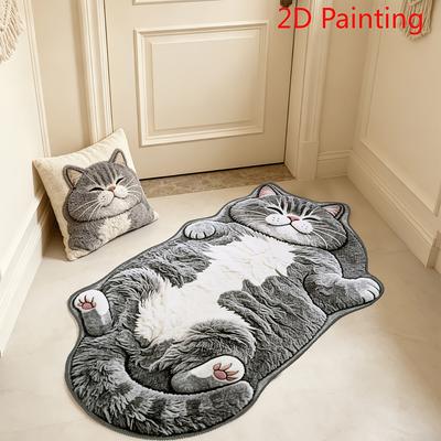 Covor neregulat din fleece subțire cu suprafață plană 2D și efect vizual 3D, fără puf lung, cu pisică British Shorthair drăguță și dolofană