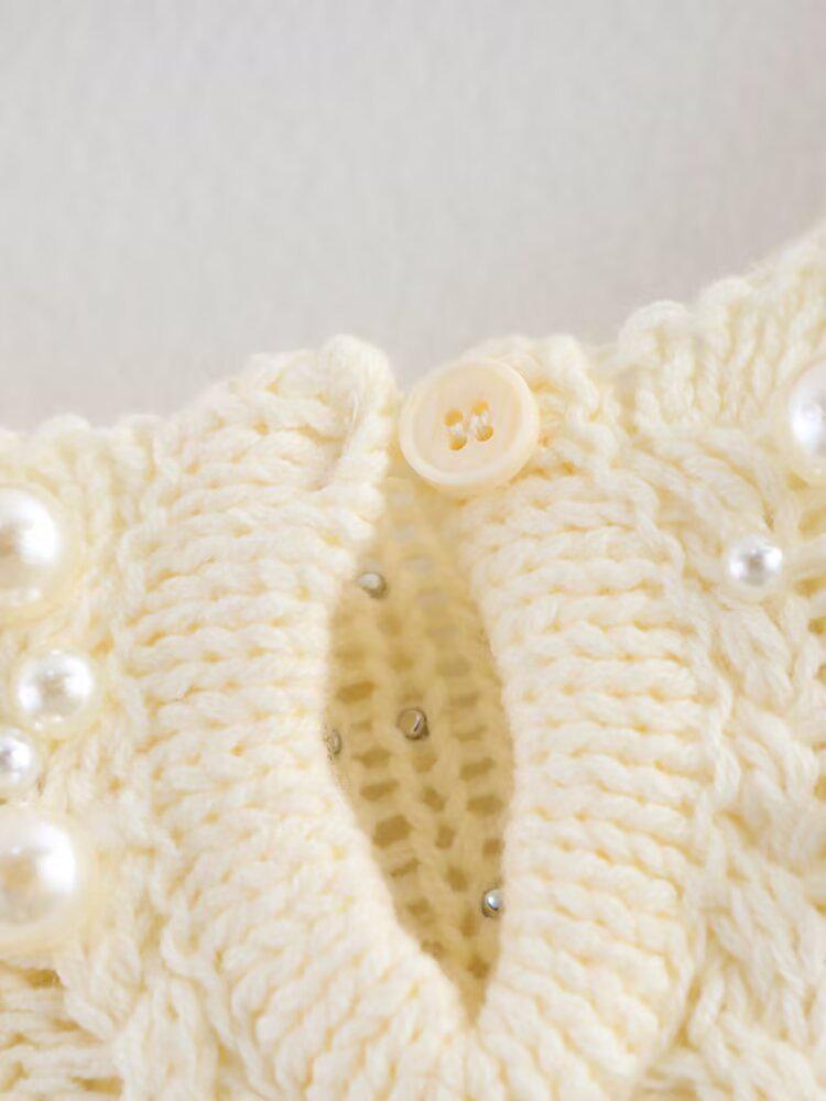 Spring 2025 Women's European & American Style Faux Pearl Round Neck Loose Knit Top