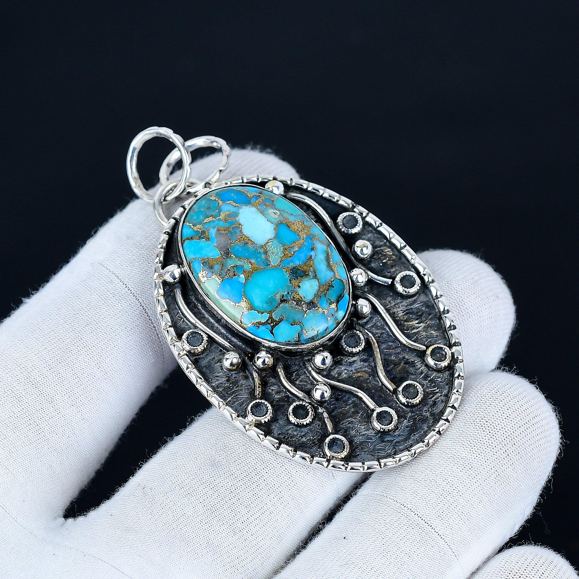 

Blue Spiny Turquoise Pendant, 925 Sterling Silver Handmade Jewelry, Turquoise Silver Pendant, Party Wear Jewelry For Women s, Pendant Anniversary Gift 6.5 Cm синий