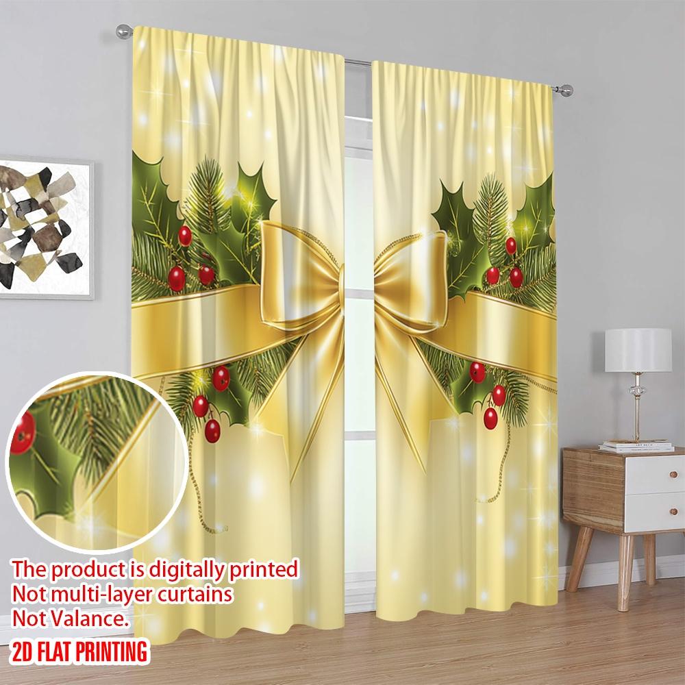 2pcs,2D Plane Printing Popular Curtains Christmas Bow Holly Berries Ornaments (2) Polyester Fabric (without Rod) Room Decor