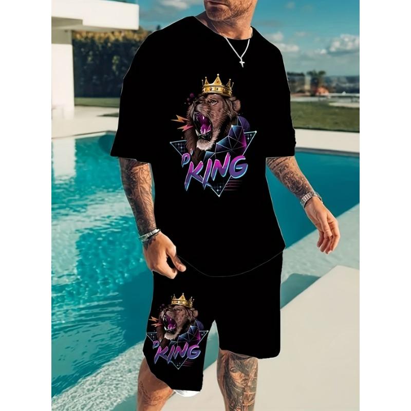 3D Lion Print Summer Everyday Casual Men's Short Sleeve Shorts Set Urban Street Men's Fashion T-shirt Outdoor Sports Men's Short